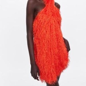Zara Bright Orange Feathered Dress